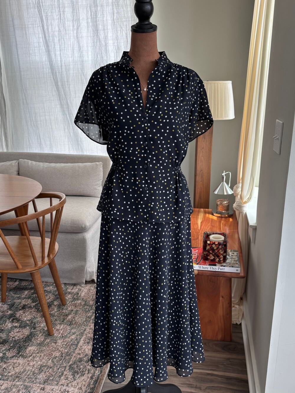 90s Vintage Jones New York Top Skirt Set Polka Dot Chiffon Girly Whimsy Size 14